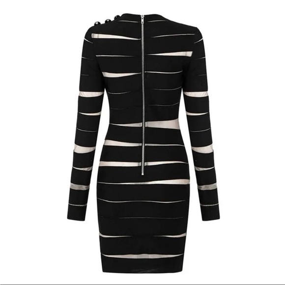🎉New Captivating Long Sleeve Sheer Mesh Design Round Neck Slim Fit Dress - Picture 6 of 12